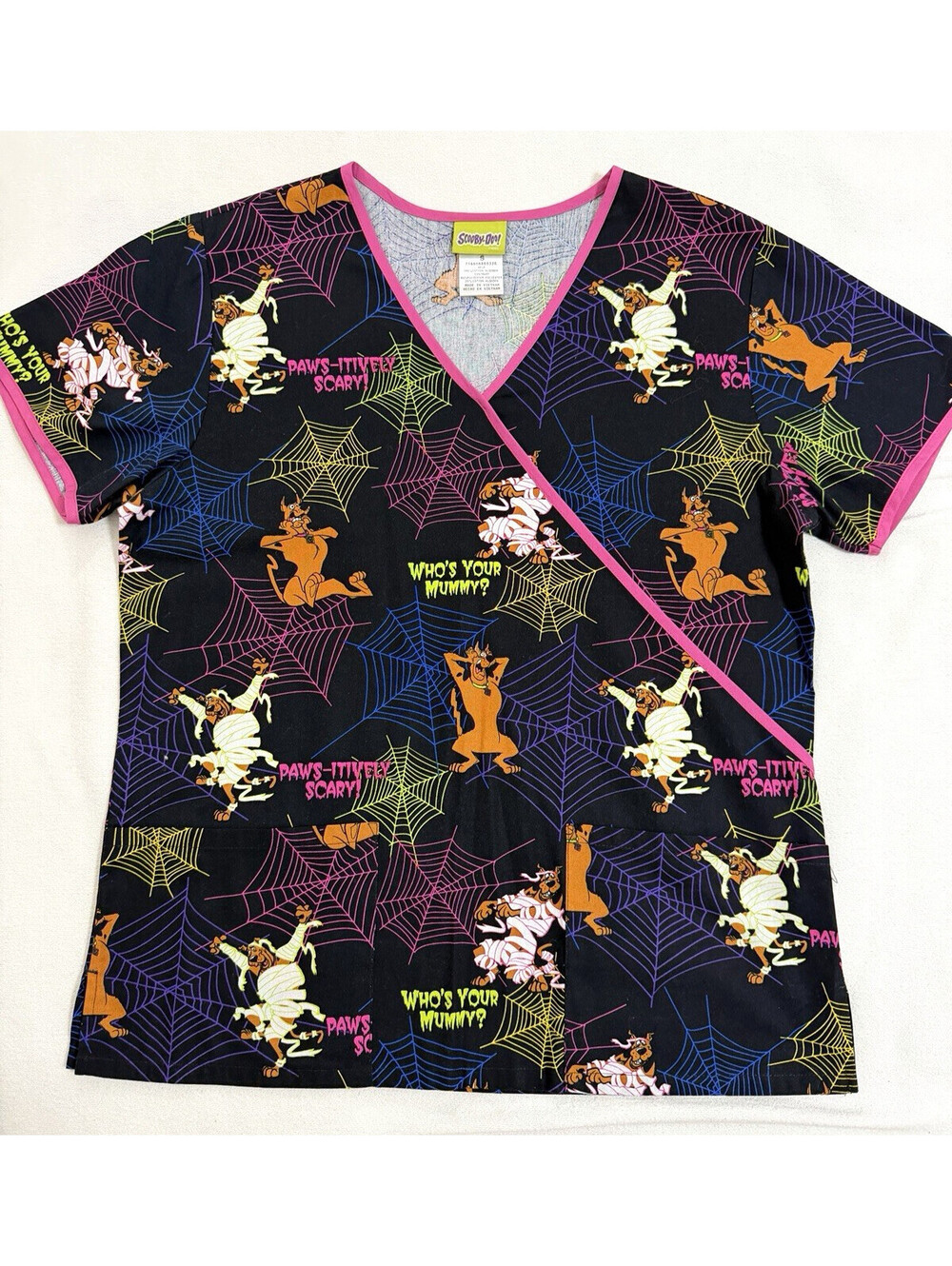 Scooby Doo Womens Halloween Scrub Top Paws-itively Scary Dogs Mock Wrap V-Neck
